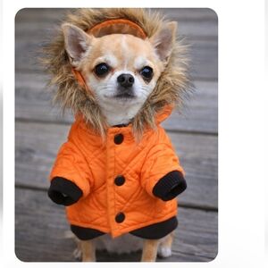 Dog Harness Jacket Orange Quilted Hood W Fur Trim Snap Close XS